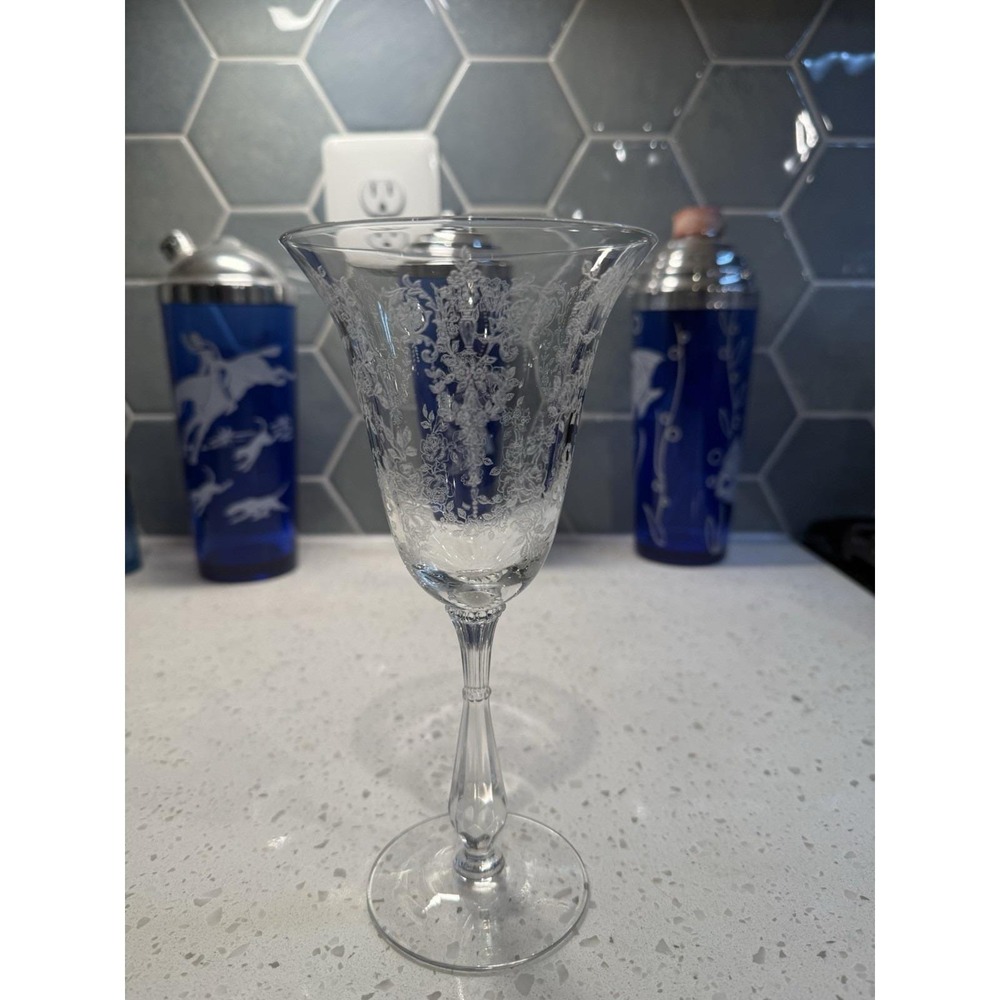 Tiffin Franciscan Cherokee Rose Crysal 8" Water Goblet Stem Etched Elegent Glass